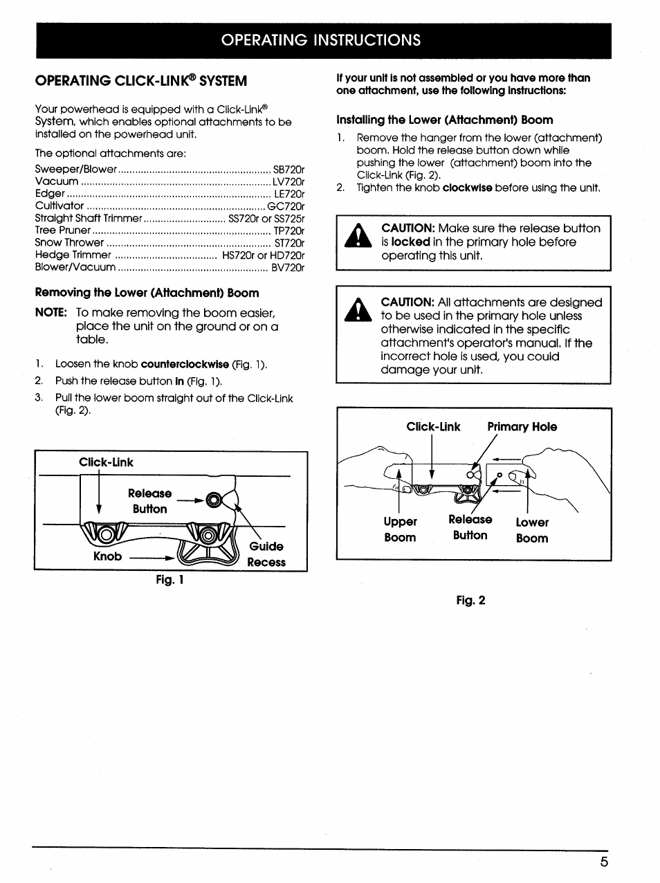 Operating click-link® system, Removing the lower (attachment) boom, Installing the lower (attachment) boom | Bolens TB720r User Manual | Page 5 / 10