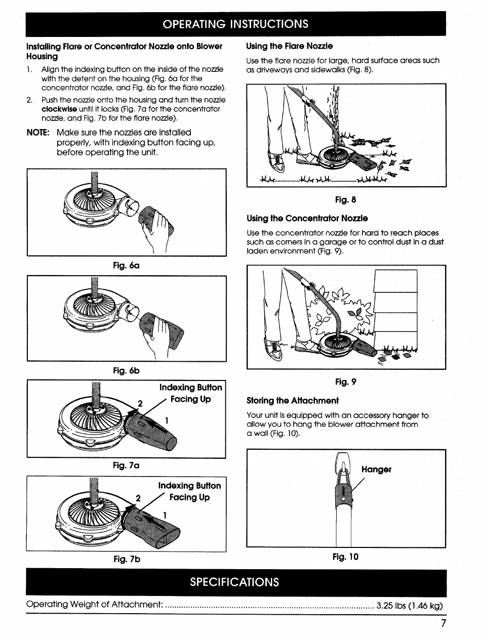 Indexing button facing up, Using the flare nozzle, Using the concentrator nozzie | Storing the attachment, Specifications | Bolens TB720r User Manual | Page 7 / 10