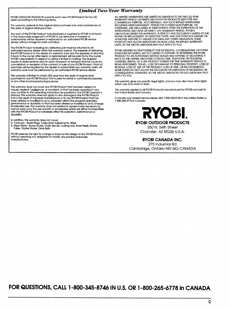 Ryobi, Ryobi outdoor products, Ryobi canada inc | Limited two-year warranty | Bolens TB720r User Manual | Page 9 / 10