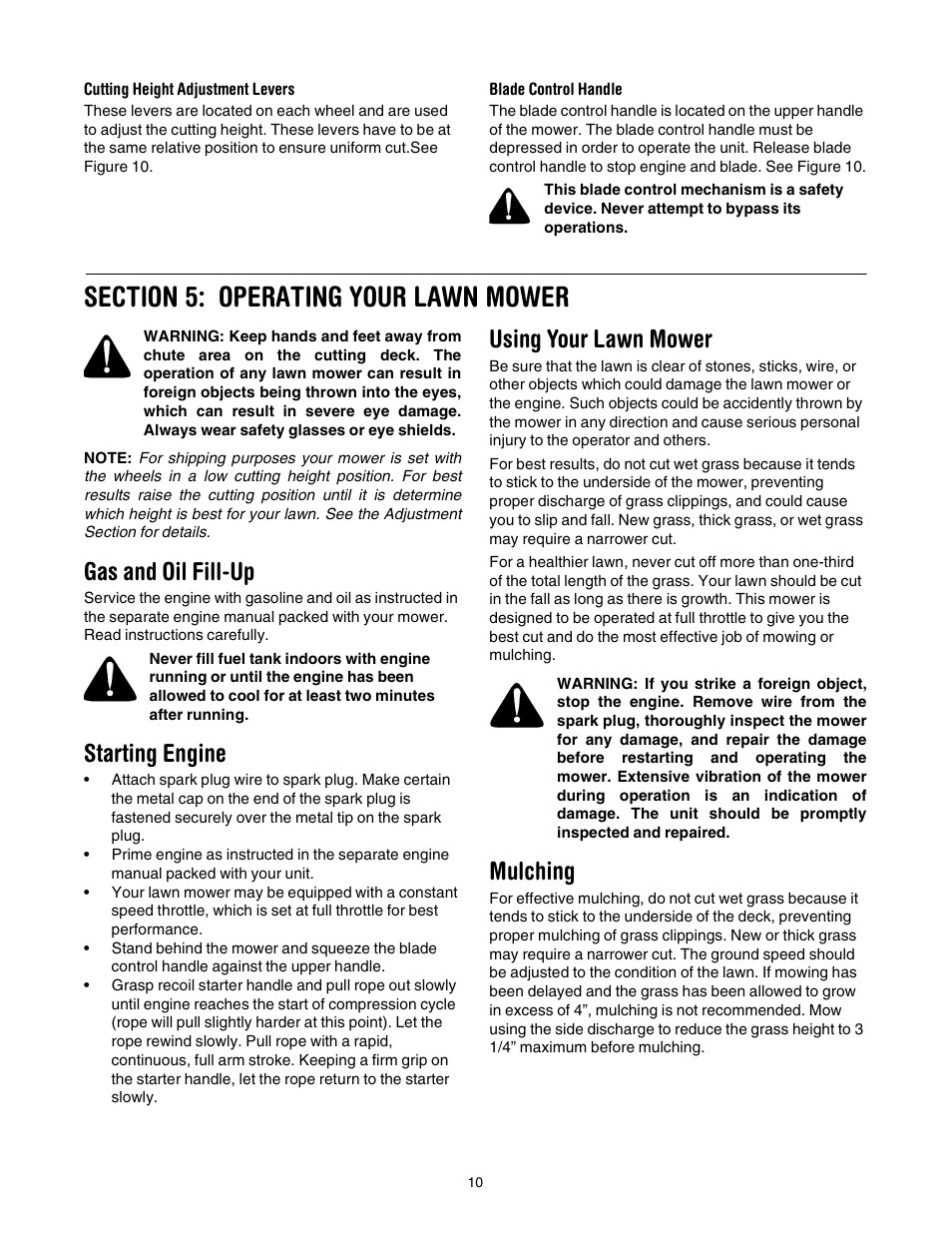 Gas and oil fill-up, Starting engine, Using your lawn mower | Mulching | Bolens Series 544 User Manual | Page 10 / 20