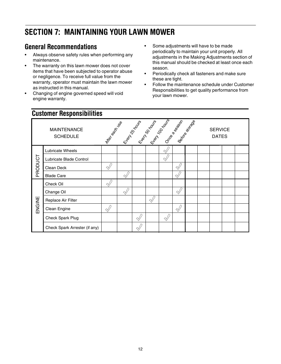 General recommendations, Customer responsibilities | Bolens Series 544 User Manual | Page 12 / 20