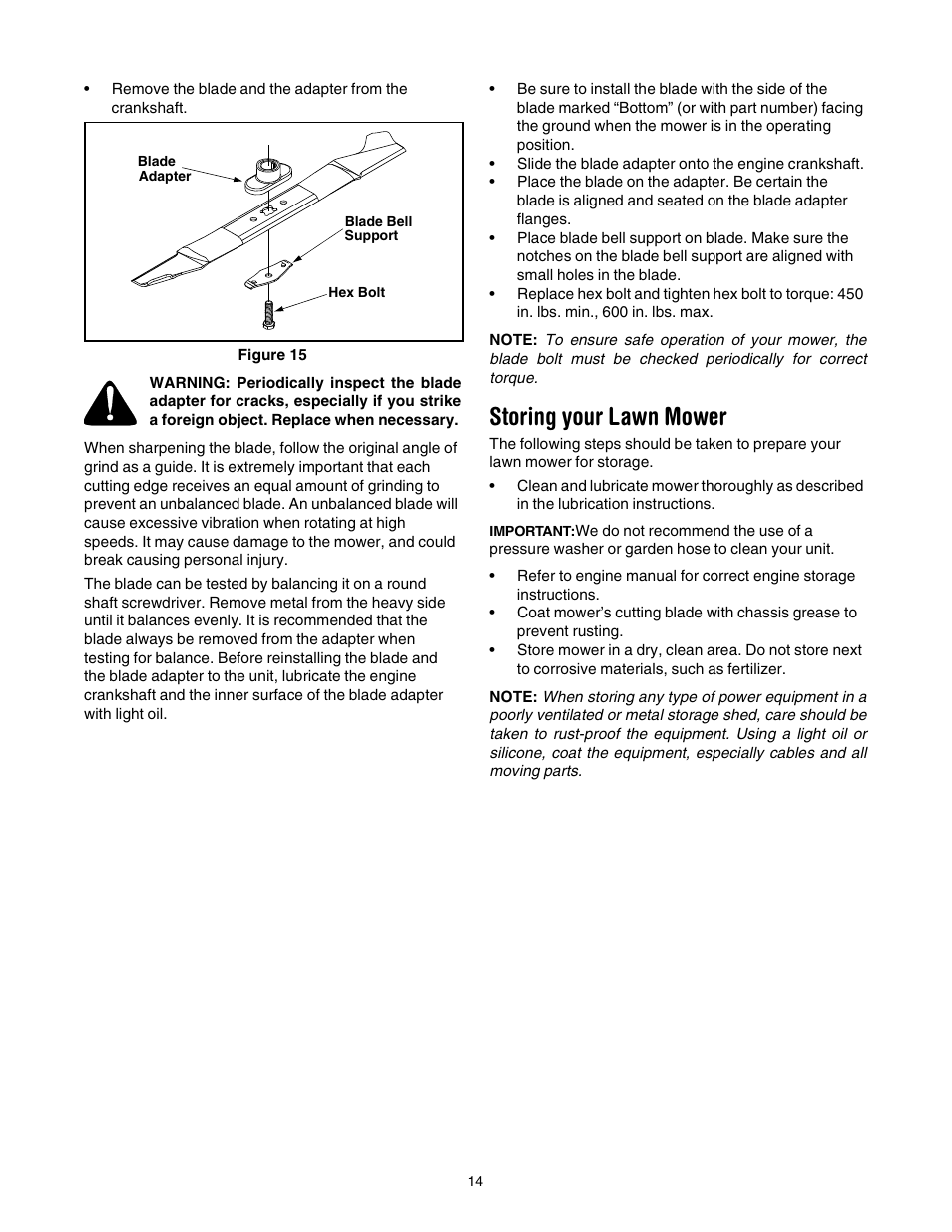 Storing your lawn mower | Bolens Series 544 User Manual | Page 14 / 20