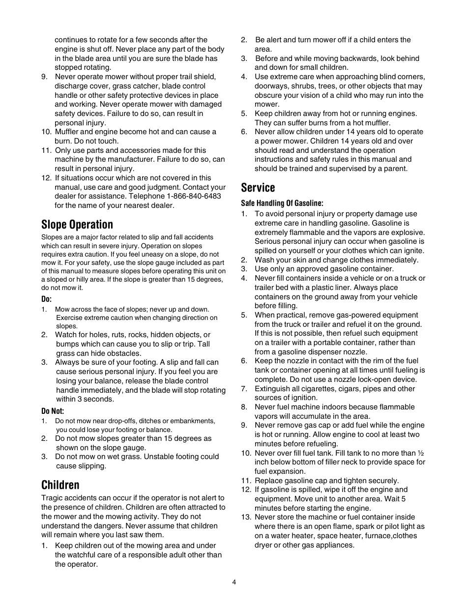 Slope operation, Children, Service | Bolens Series 544 User Manual | Page 4 / 20