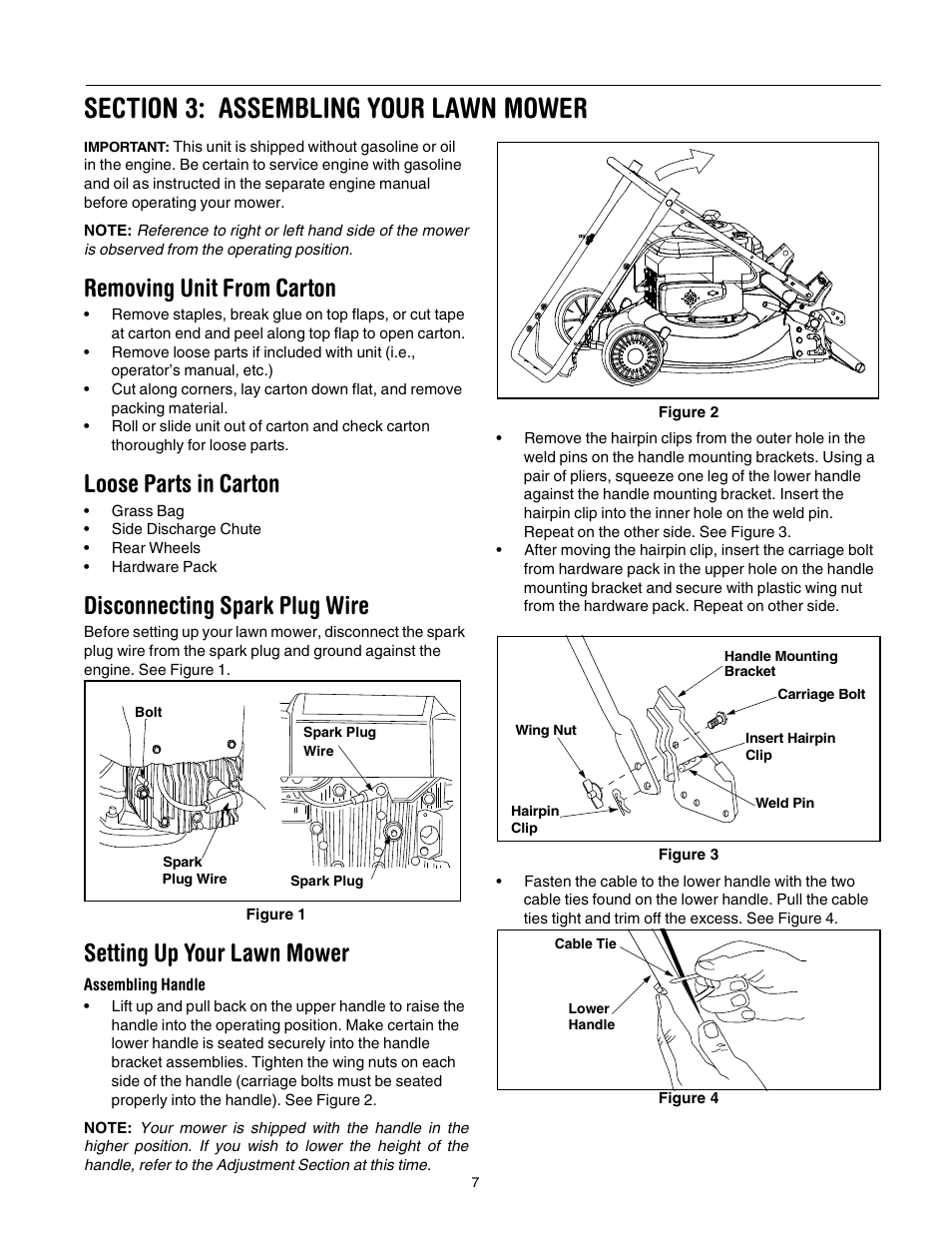 Removing unit from carton, Loose parts in carton, Disconnecting spark plug wire | Setting up your lawn mower | Bolens Series 544 User Manual | Page 7 / 20