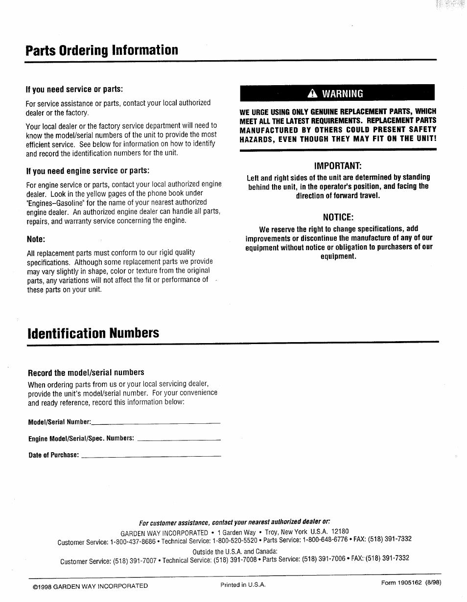 Parts ordering information, Identification numbers | Bolens 42031 User Manual | Page 12 / 12