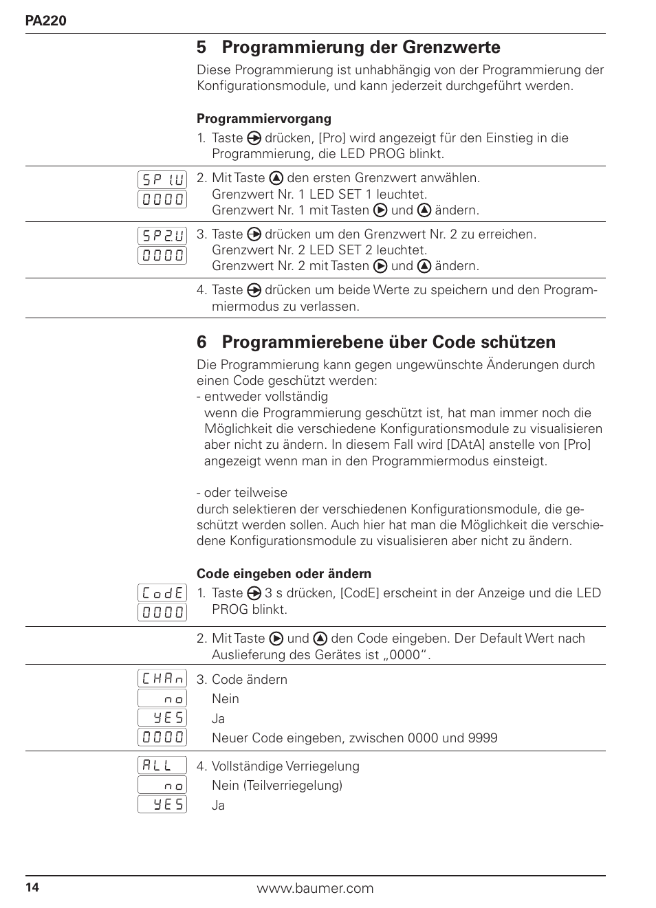 5 programmierung der grenzwerte, 6 programmierebene über code schützen | Baumer PA220 User Manual | Page 14 / 53