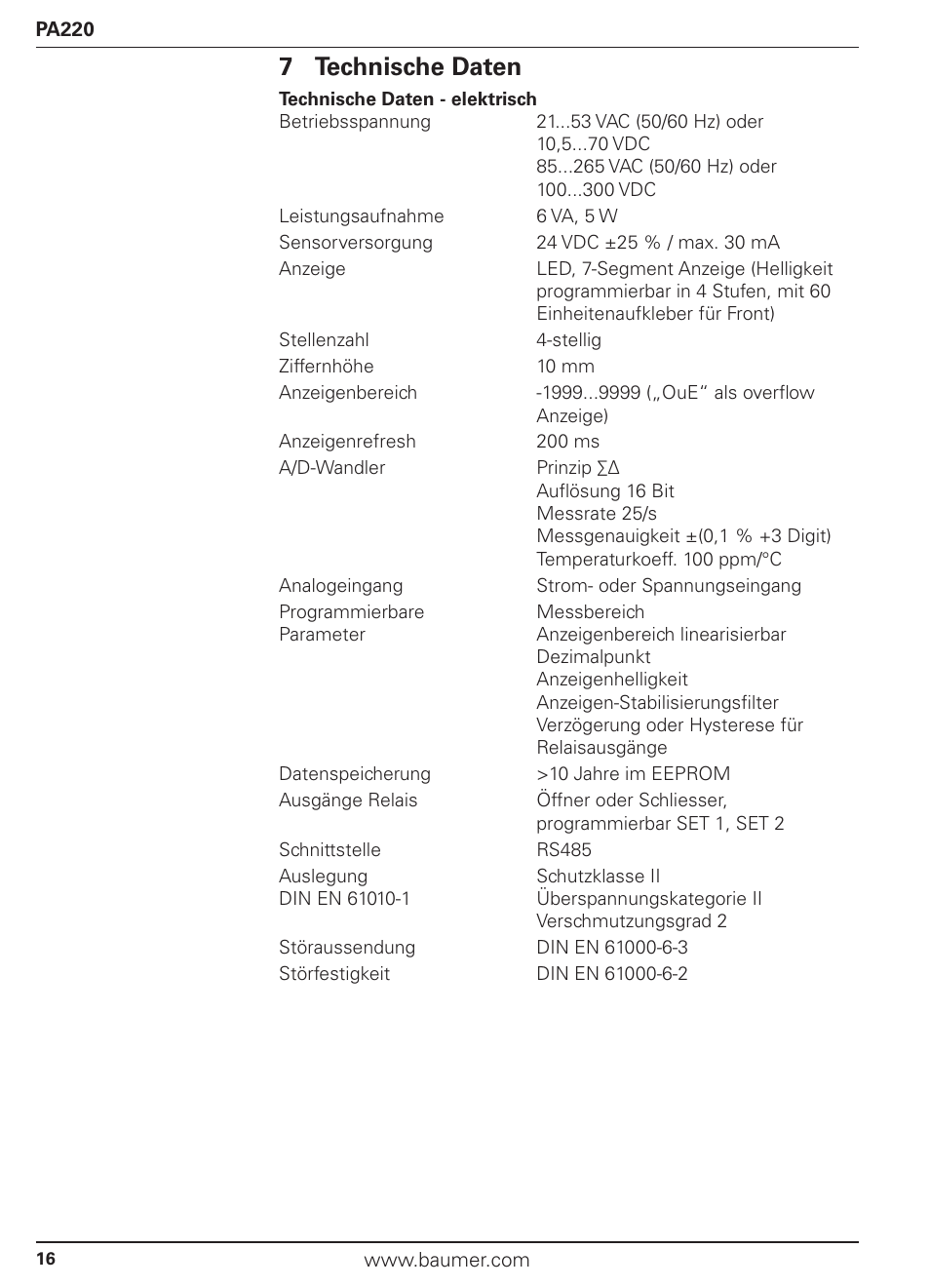 7 technische daten | Baumer PA220 User Manual | Page 16 / 53