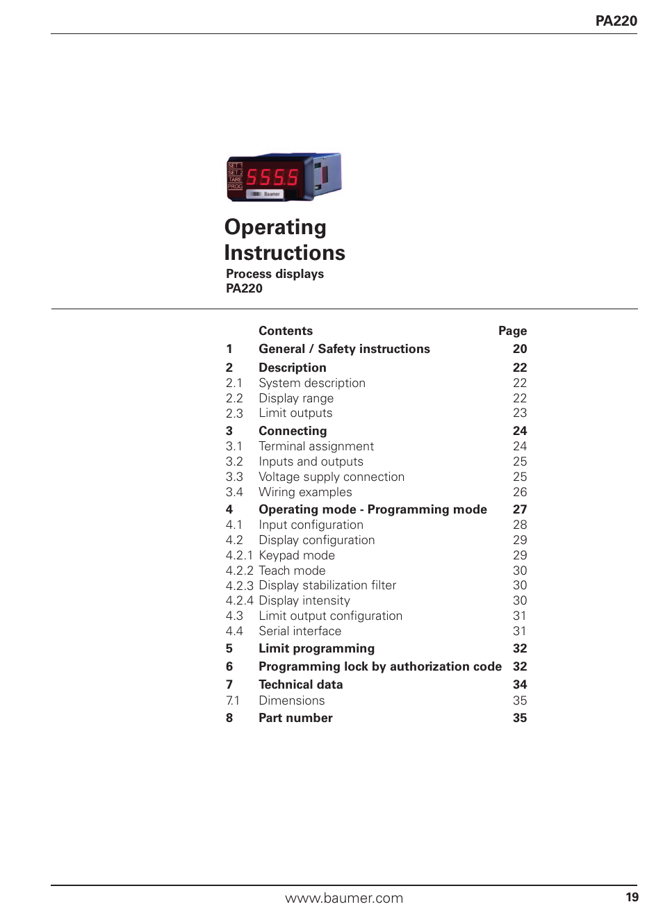 Operating instructions | Baumer PA220 User Manual | Page 19 / 53