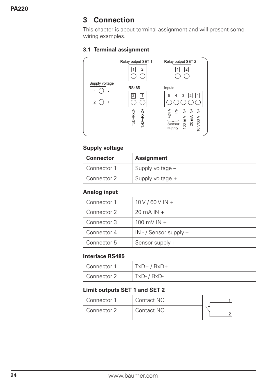 3 connection, Pa220 | Baumer PA220 User Manual | Page 24 / 53