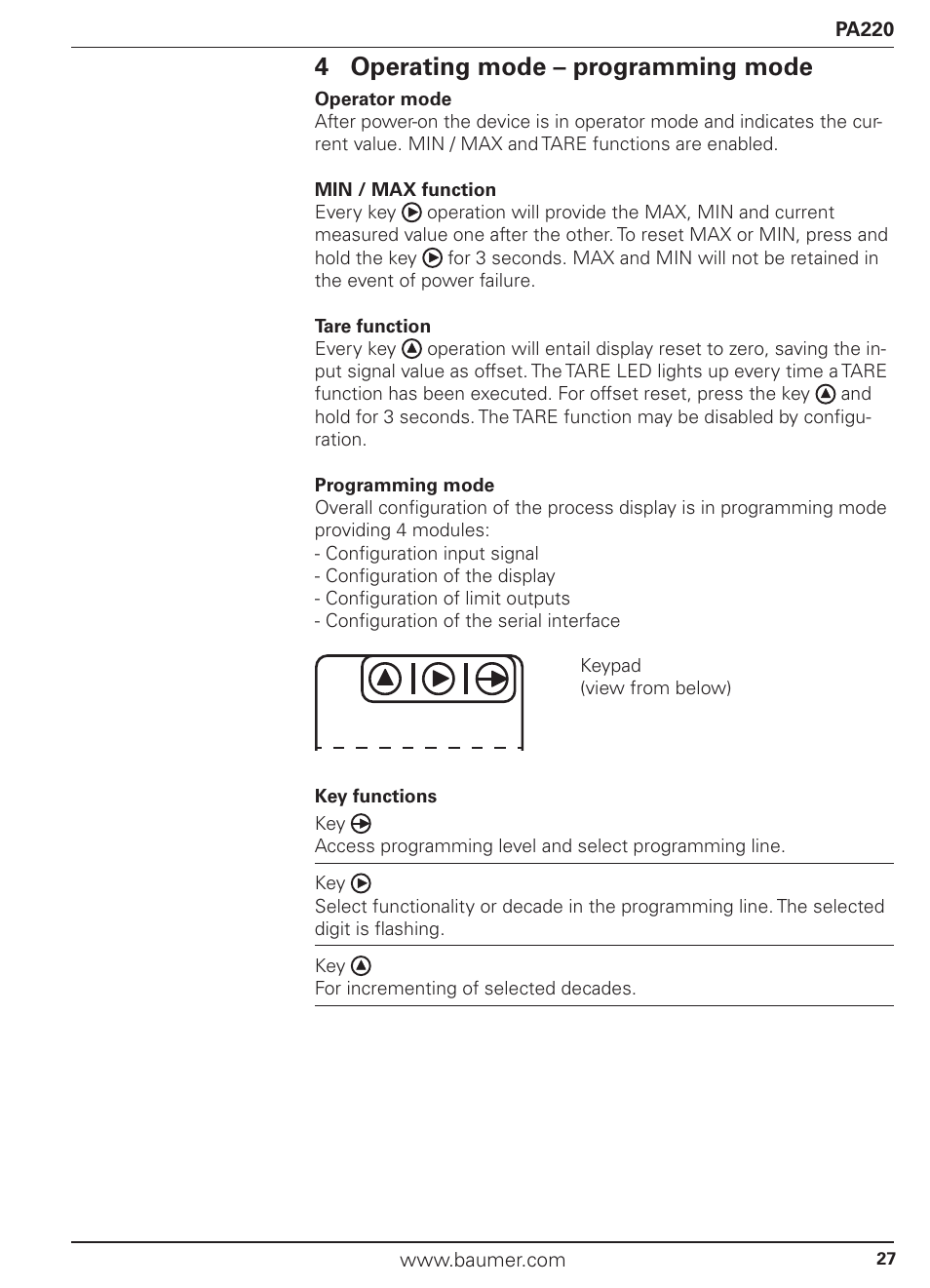 4 operating mode – programming mode | Baumer PA220 User Manual | Page 27 / 53