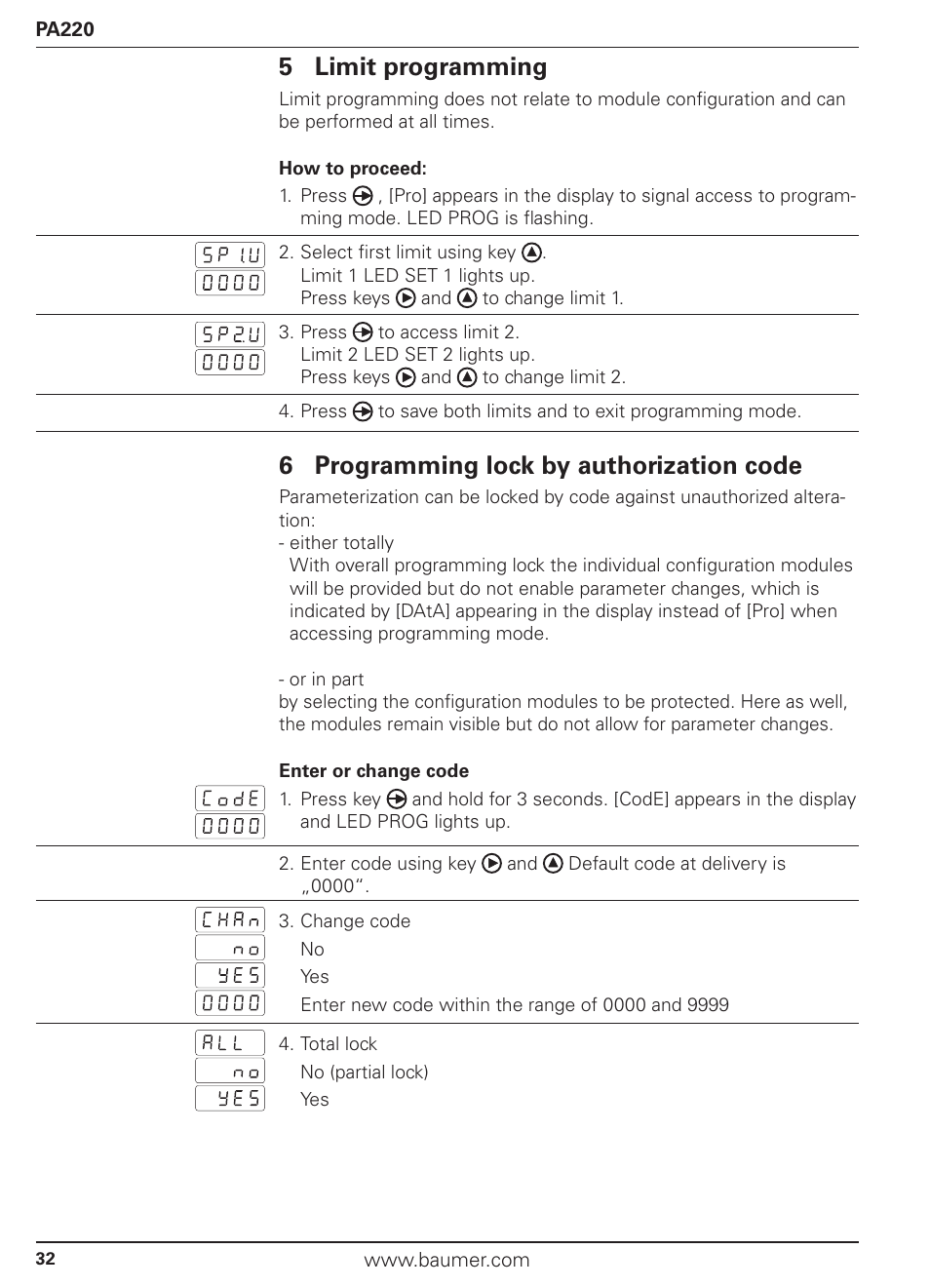 5 limit programming, 6 programming lock by authorization code | Baumer PA220 User Manual | Page 32 / 53