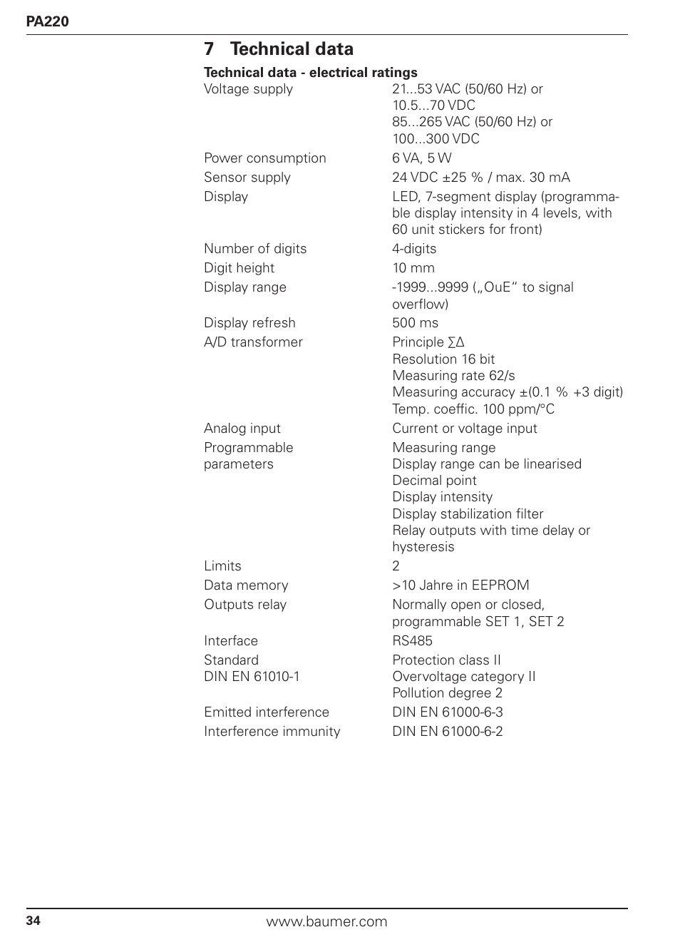 7 technical data | Baumer PA220 User Manual | Page 34 / 53