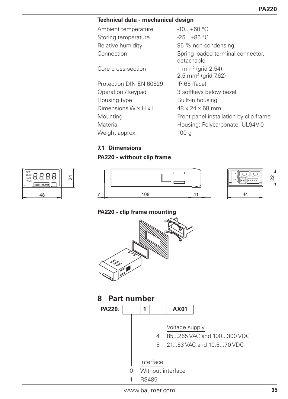 8 part number | Baumer PA220 User Manual | Page 35 / 53