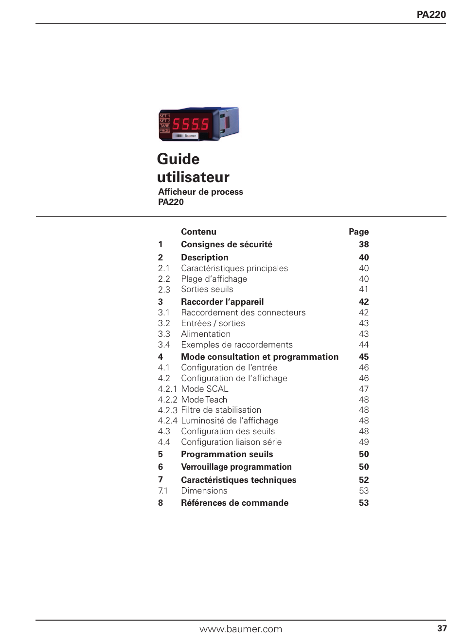 Guide utilisateur | Baumer PA220 User Manual | Page 37 / 53