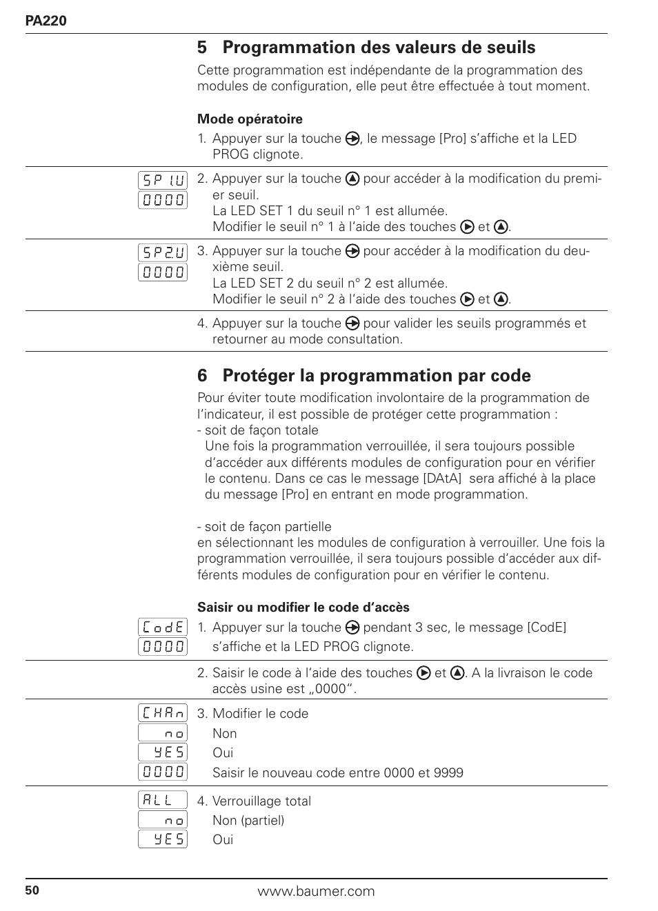 5 programmation des valeurs de seuils, 6 protéger la programmation par code | Baumer PA220 User Manual | Page 50 / 53