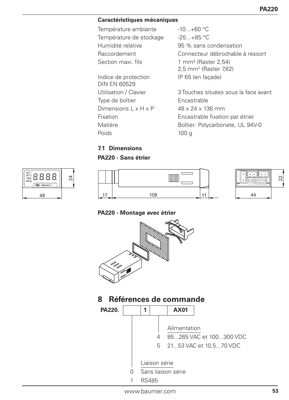 8 références de commande | Baumer PA220 User Manual | Page 53 / 53