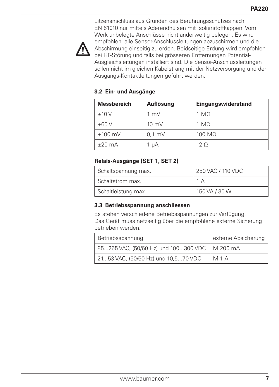 Baumer PA220 User Manual | Page 7 / 53