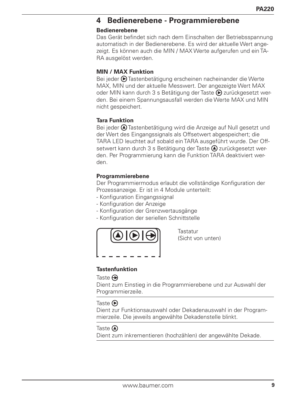4 bedienerebene - programmierebene | Baumer PA220 User Manual | Page 9 / 53