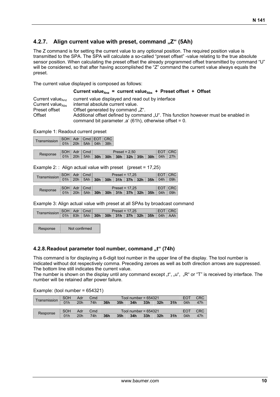 Align current value with preset, command „z“ (5ah), Readout parameter tool number, command „t“ (74h), N 141 | Current value, Preset offset + offset | Baumer N 141 User Manual | Page 10 / 22