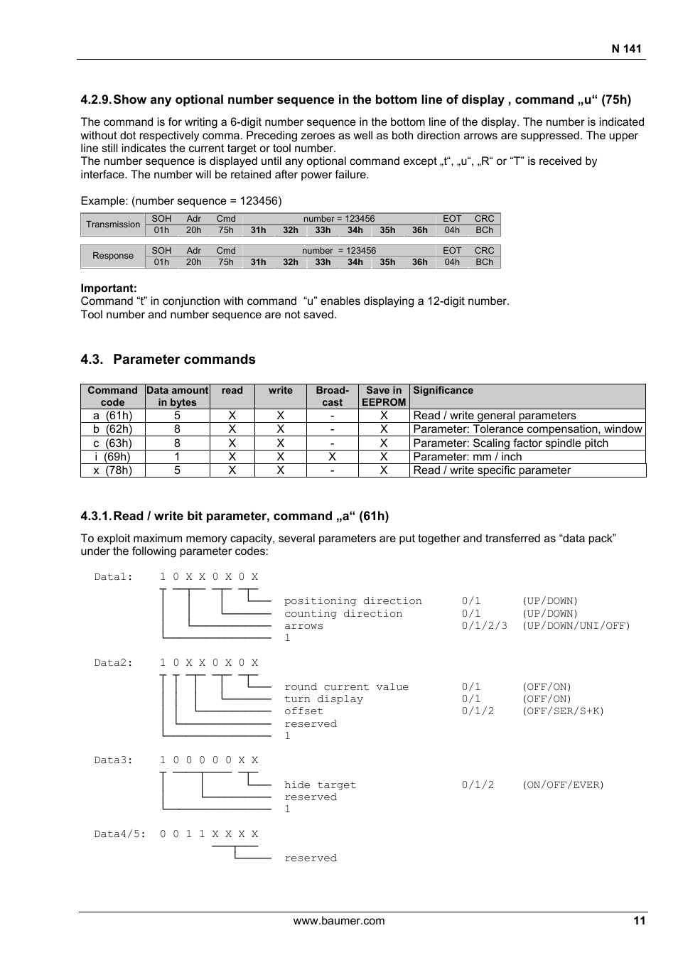 Parameter commands | Baumer N 141 User Manual | Page 11 / 22