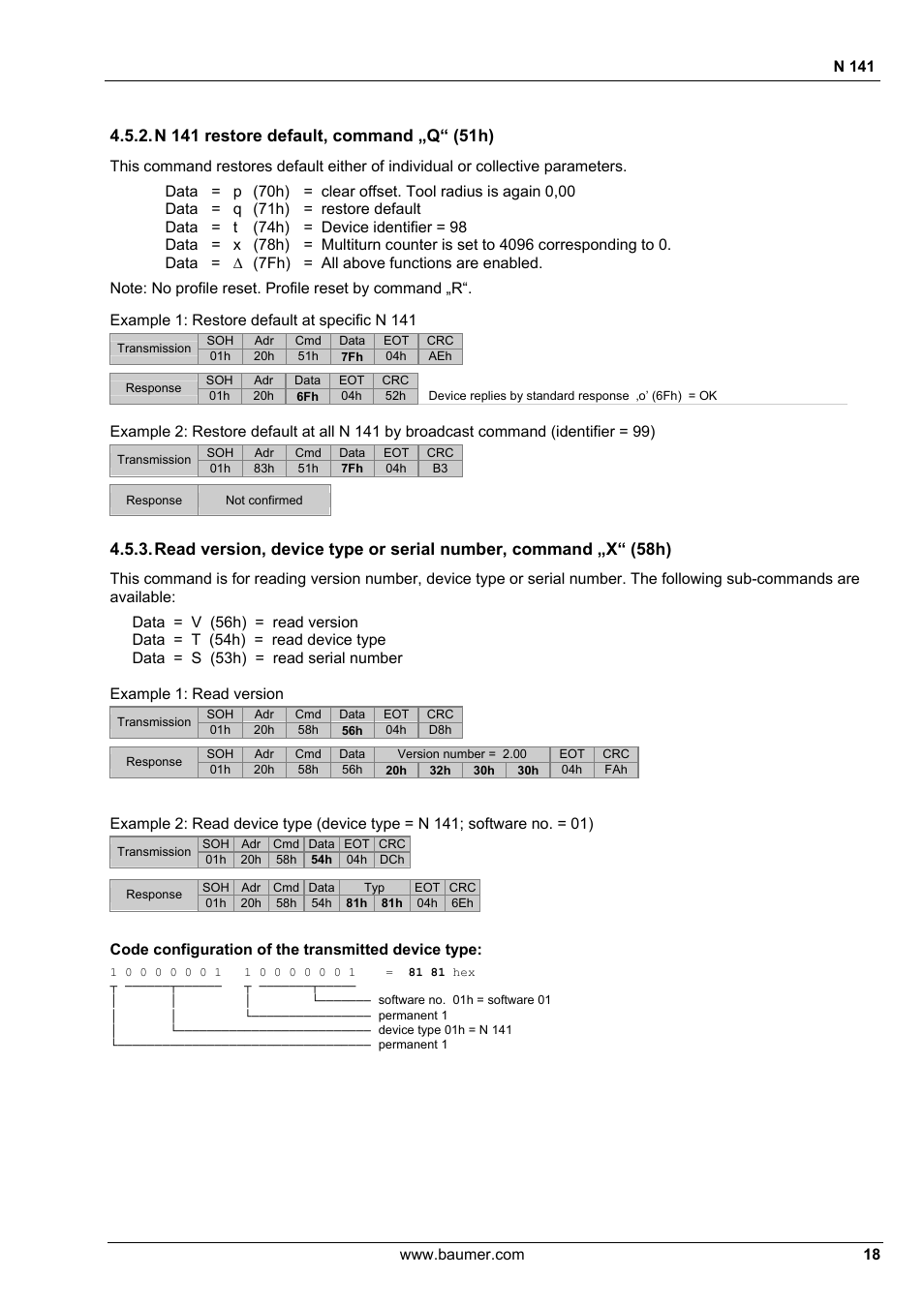 N 141, Example 1: restore default at specific n 141, Code configuration of the transmitted device type | Baumer N 141 User Manual | Page 18 / 22