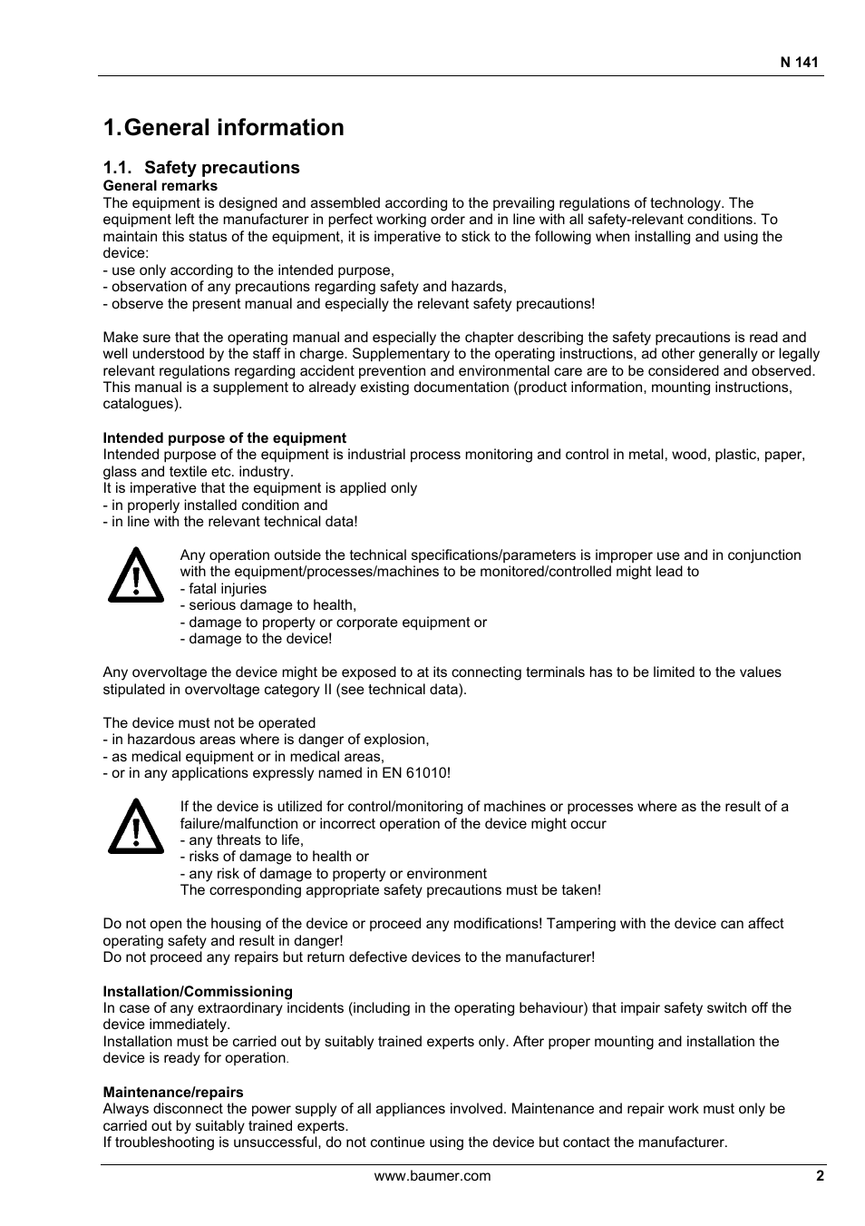 General information, Safety precautions | Baumer N 141 User Manual | Page 2 / 22