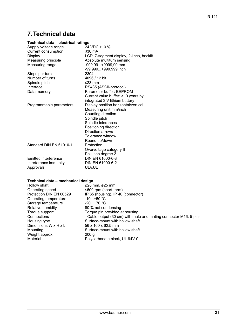 Technical data | Baumer N 141 User Manual | Page 21 / 22