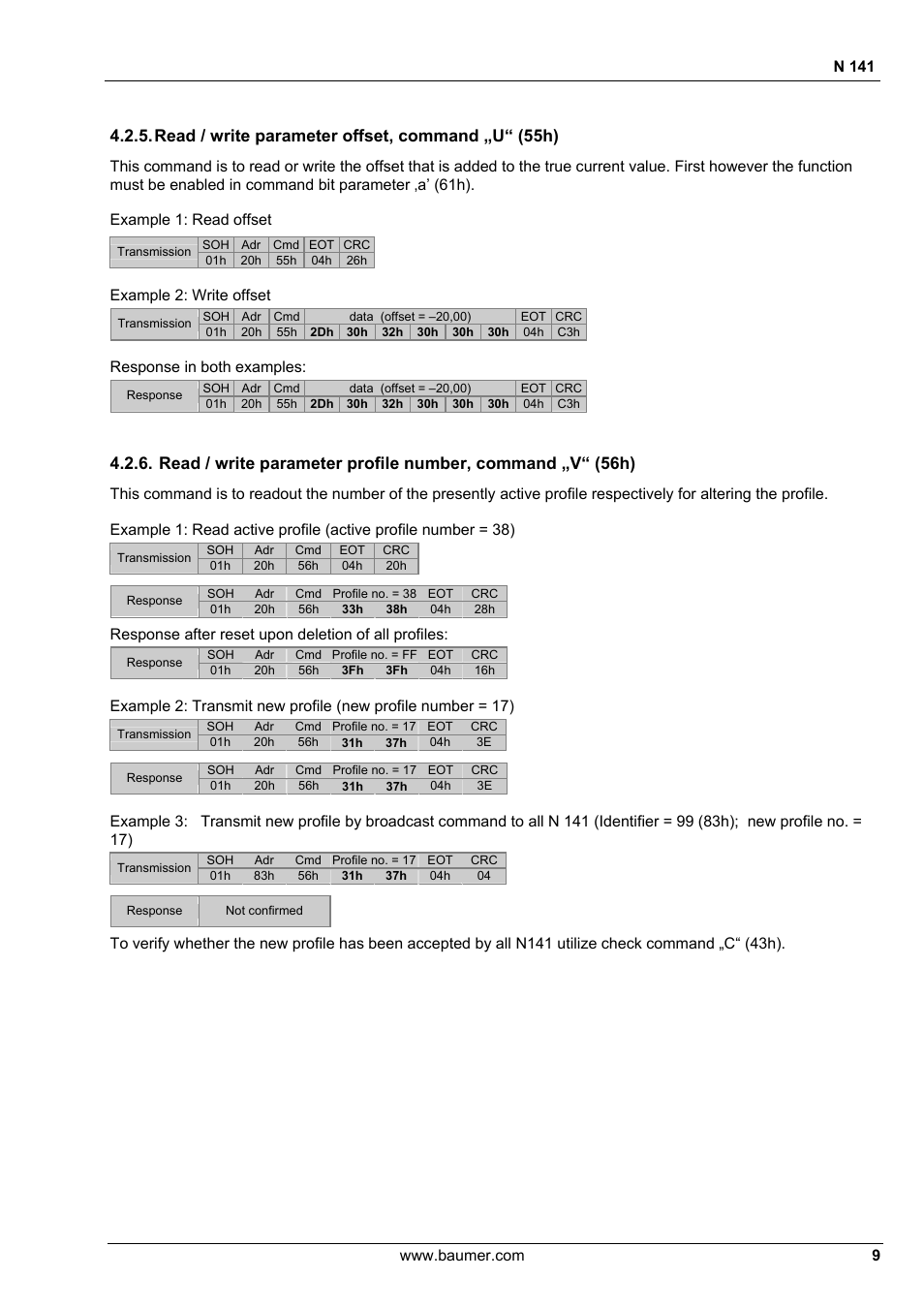 Read / write parameter offset, command „u“ (55h), N 141, Example 2: write offset | Response in both examples, Response after reset upon deletion of all profiles | Baumer N 141 User Manual | Page 9 / 22