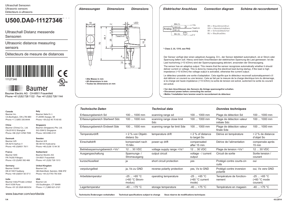 Baumer U500.DA0-AA1B.72CU User Manual | 4 pages