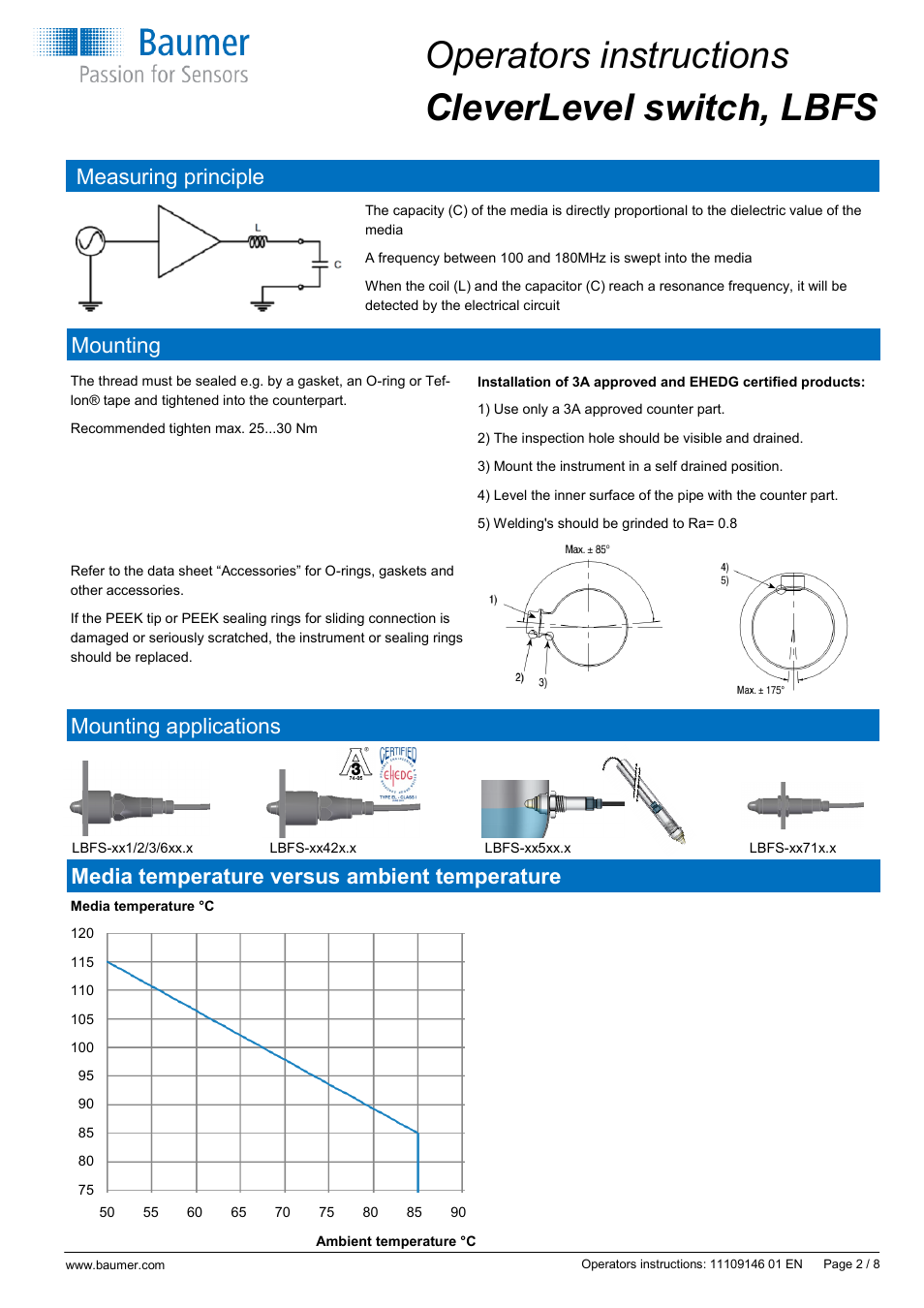 Operators instructions cleverlevel switch, lbfs, Measuring principle mounting mounting applications, Media temperature versus ambient temperature | Baumer CleverLevel - LBFS User Manual | Page 2 / 8