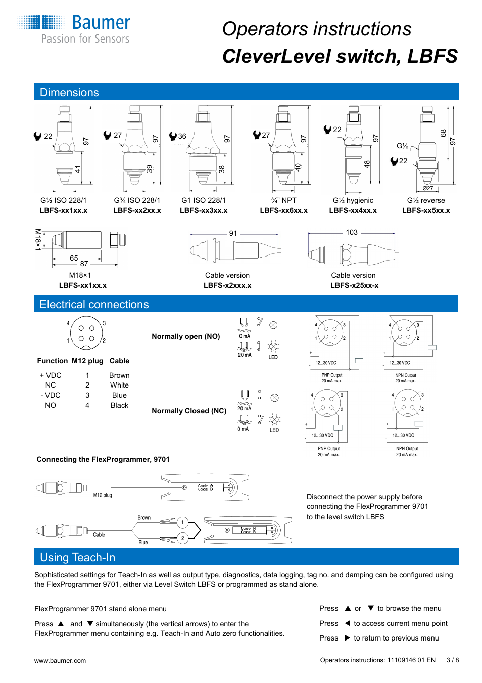 Operators instructions cleverlevel switch, lbfs, Dimensions, Electrical connections | Using teach-in | Baumer CleverLevel - LBFS User Manual | Page 3 / 8