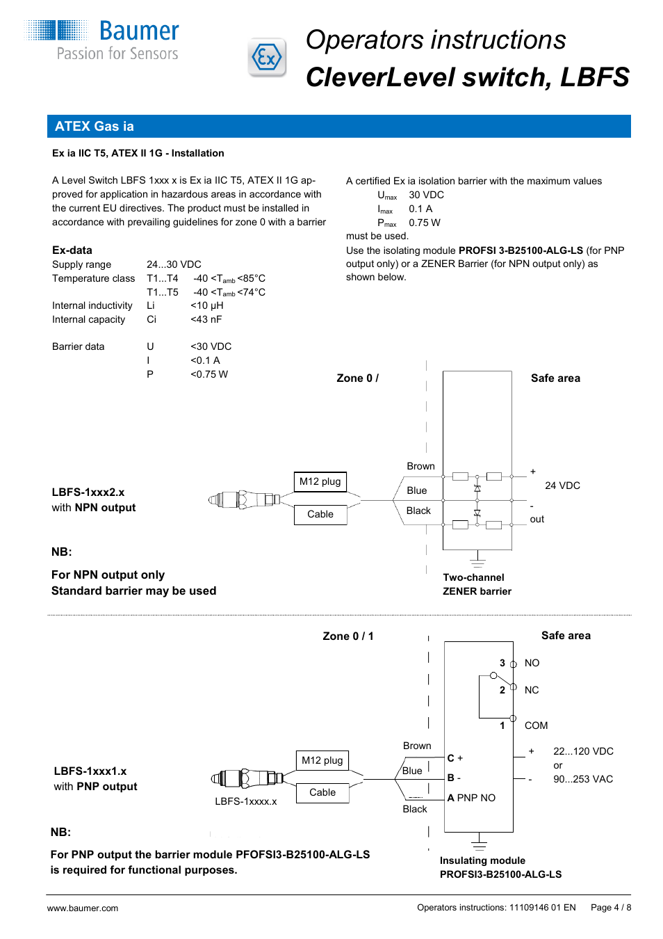Operators instructions cleverlevel switch, lbfs, Atex gas ia | Baumer CleverLevel - LBFS User Manual | Page 4 / 8