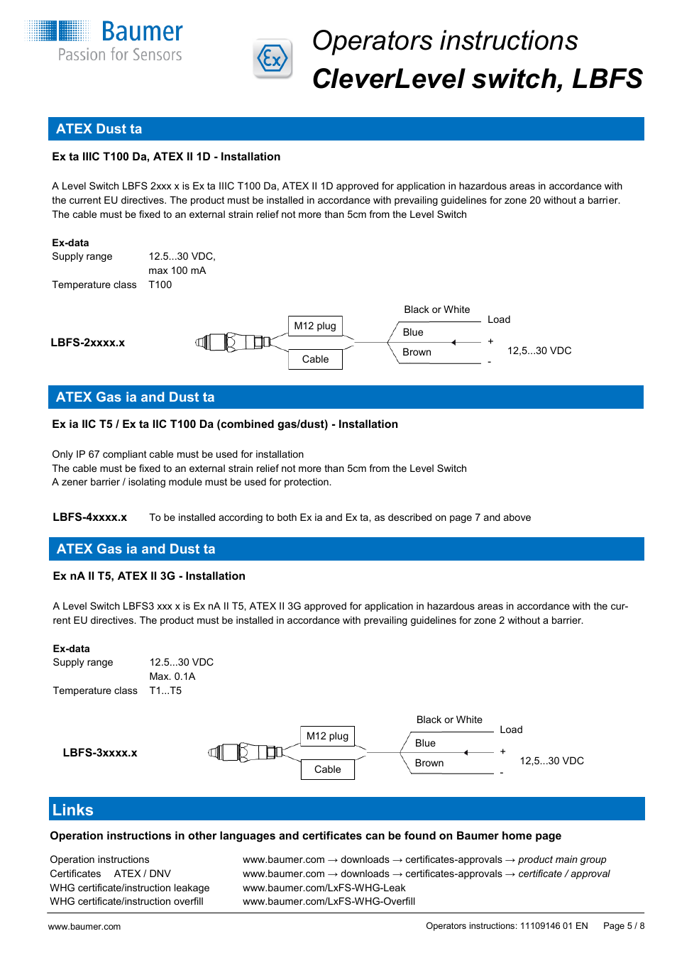 Operators instructions cleverlevel switch, lbfs, Links, Atex dust ta | Atex gas ia and dust ta | Baumer CleverLevel - LBFS User Manual | Page 5 / 8