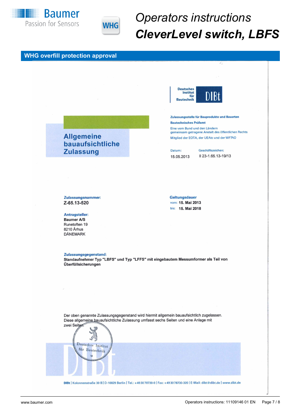 Operators instructions cleverlevel switch, lbfs | Baumer CleverLevel - LBFS User Manual | Page 7 / 8