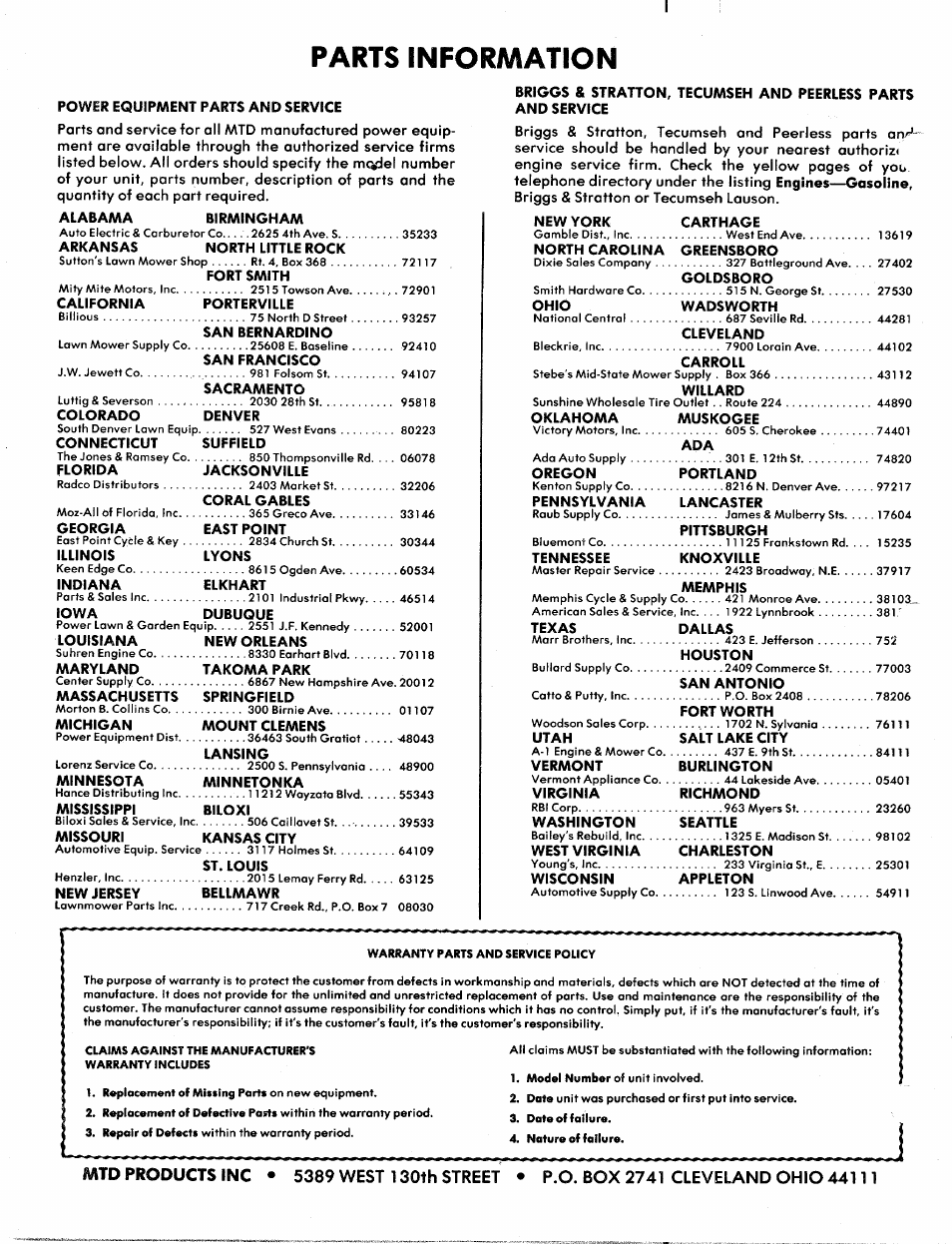 Parts information | Bolens 118-620A User Manual | Page 12 / 12