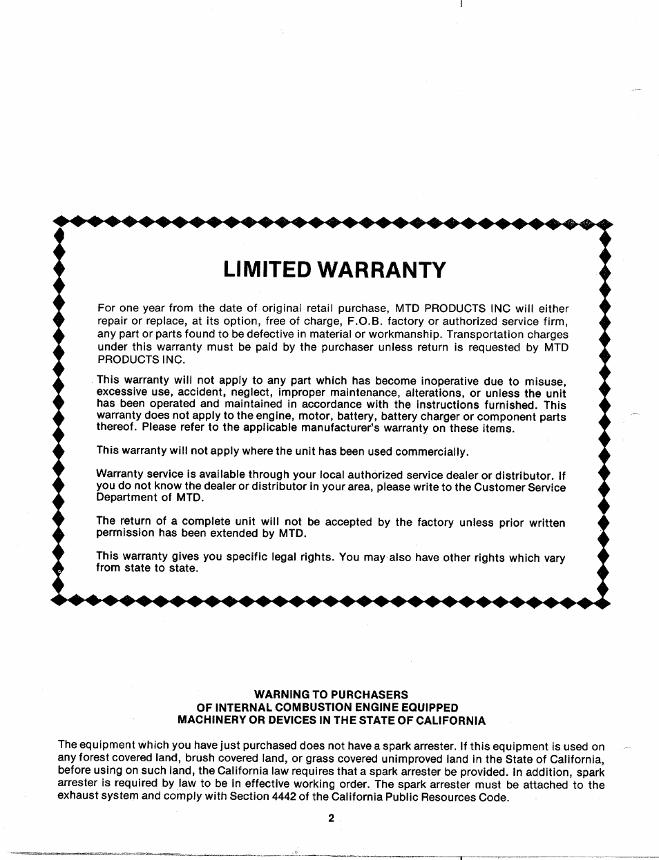 Limited warranty | Bolens 118-620A User Manual | Page 2 / 12