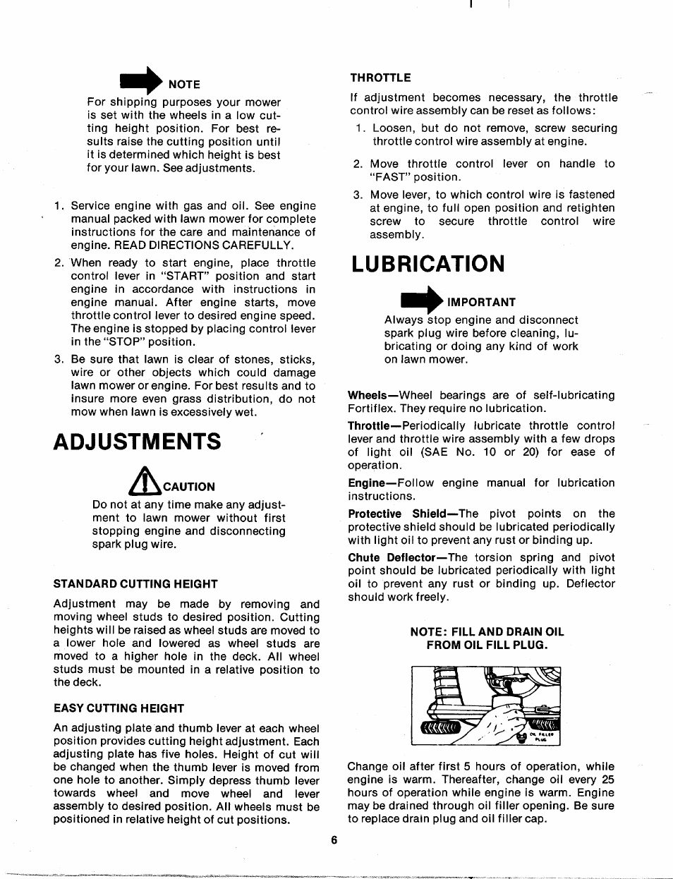 Note, Caution, Standard cutting height | Easy cutting height, Throttle, Important, Note: fill and drain oil from oil fill plug, Adjustments, Lubrication | Bolens 118-620A User Manual | Page 6 / 12