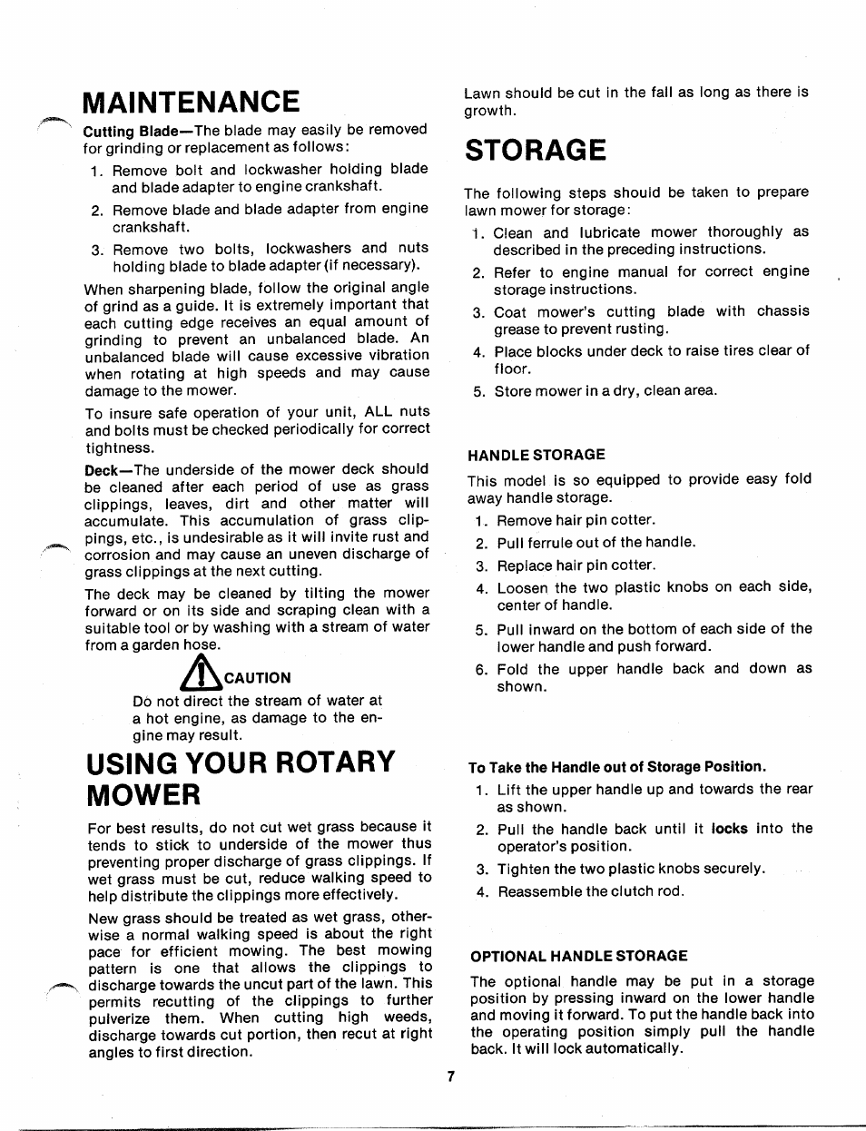 Caution, Handle storage, To take the handle out of storage position | Optional handle storage, Maintenance, Storage, Using your rotary mower | Bolens 118-620A User Manual | Page 7 / 12