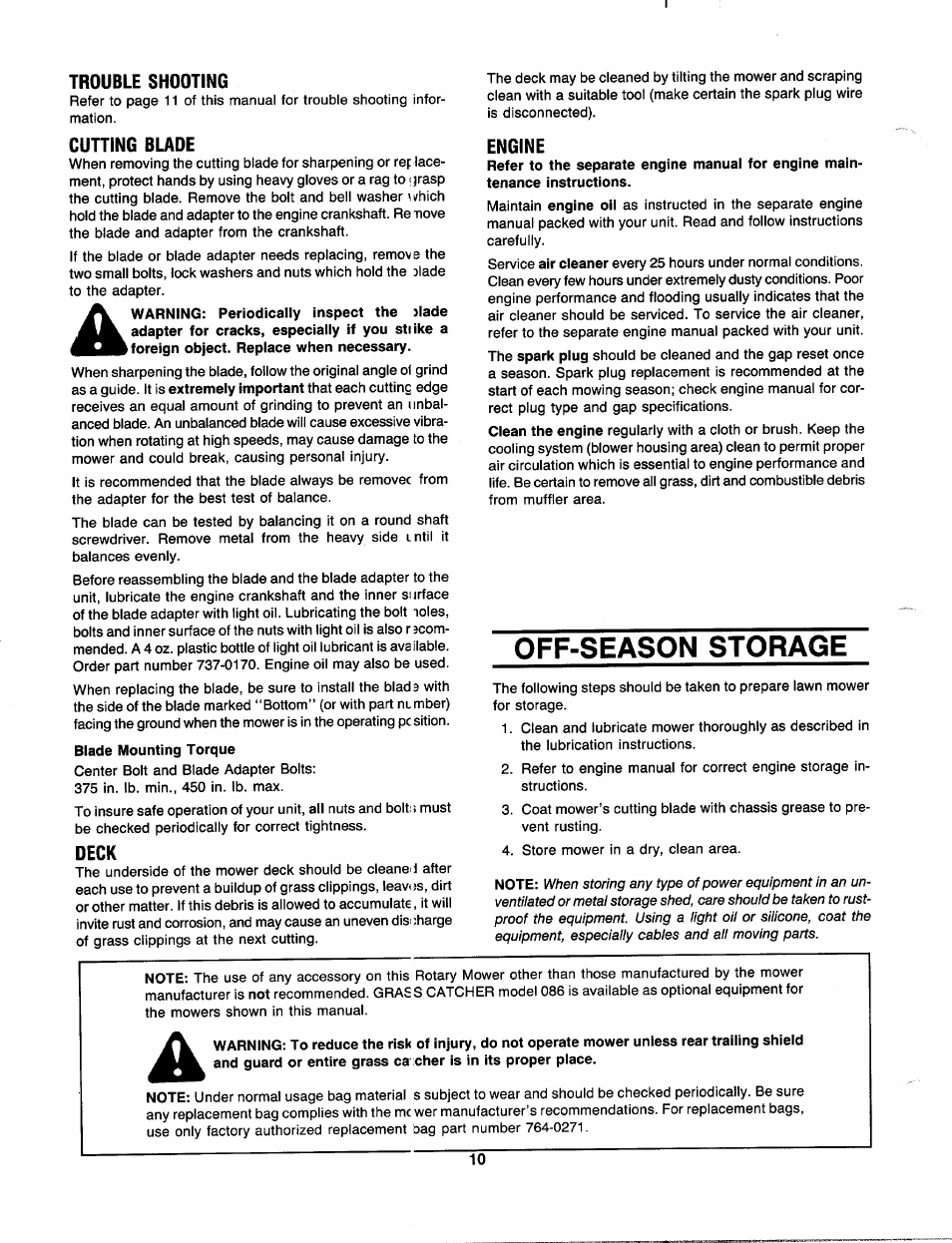 Trouble shooting, Cutting buoe, Blade mounting torque | Deck, Engine, Off-season storage | Bolens 111-051R372 User Manual | Page 10 / 16