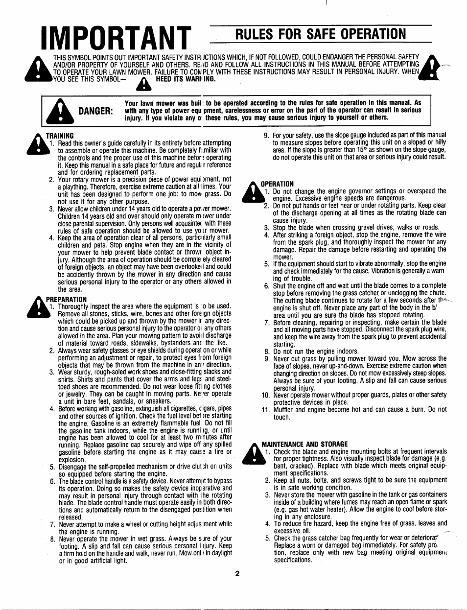 Important, Training, Preparation | Operation, Maintenance and storage, A" a, Rules for safe operation | Bolens 111-051R372 User Manual | Page 2 / 16