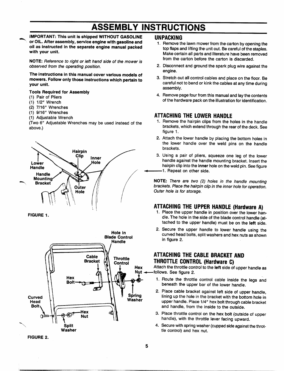 Assembly instructions, Unpacking, Attaching the lower handle | Attaching the upper handle (hardware a) | Bolens 111-051R372 User Manual | Page 5 / 16