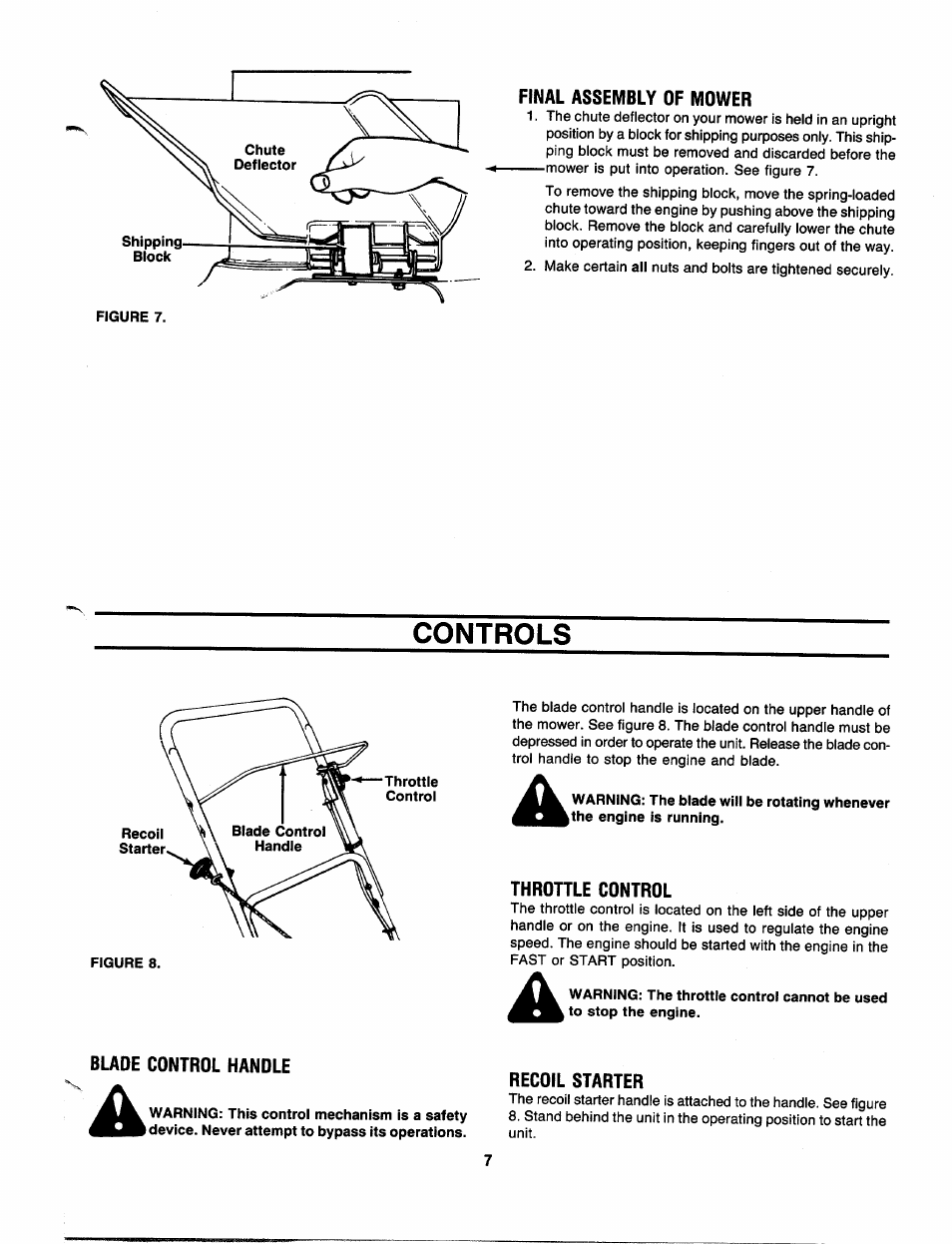 Final assembly of mower, Controls, Throttle control | Blade control handle, Recoil starter | Bolens 111-051R372 User Manual | Page 7 / 16