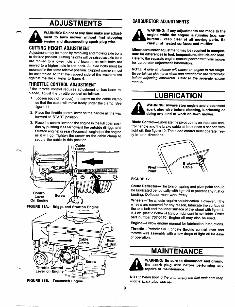 Adjustments, Carburetor adjustments, Cutting height adjustment | Throttle control adjustment, Lubrication, Figure 12, Maintenance | Bolens 111-051R372 User Manual | Page 9 / 16