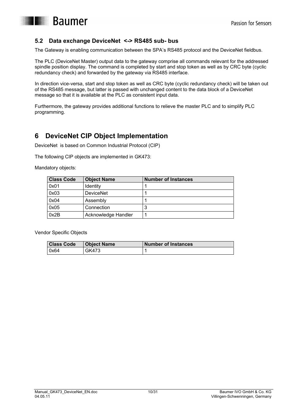 6 devicenet cip object implementation | Baumer GK473 User Manual | Page 10 / 31