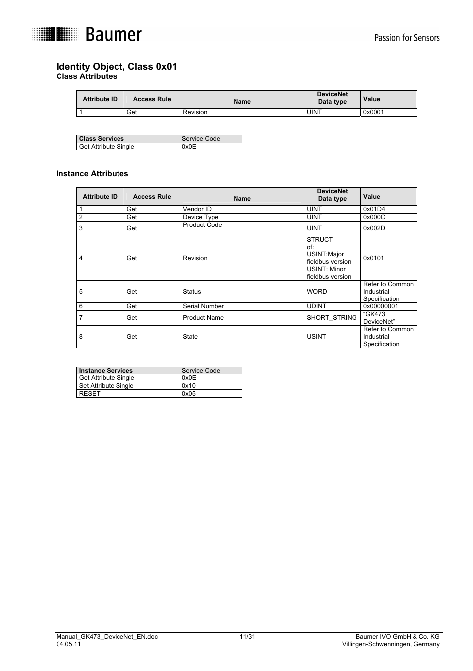 Identity object, class 0x01, Class attributes, Instance attributes | Baumer GK473 User Manual | Page 11 / 31