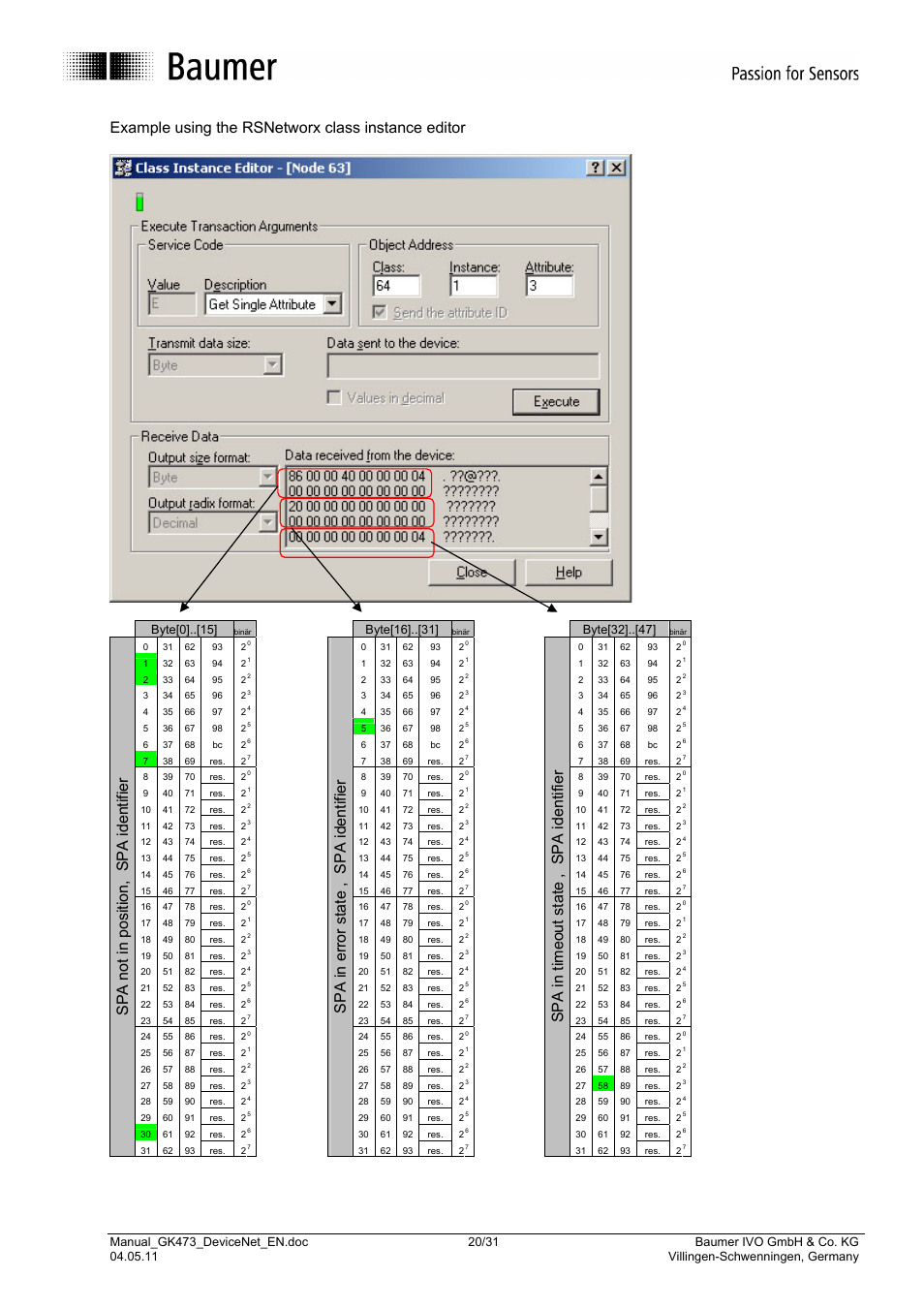 Example using the rsnetworx class instance editor, Spa not in position, spa i dentifier, Spa in error state , spa i dentifier | Spa in timeout state , spa identifier, Byte[0]..[15, Byte[16]..[31, Byte[32]..[47 | Baumer GK473 User Manual | Page 20 / 31
