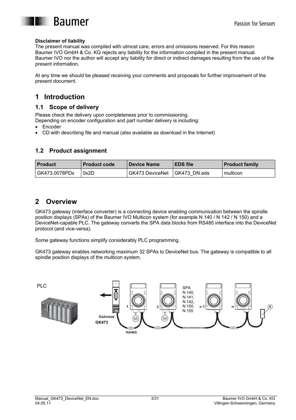 1 introduction, 2 overview, 1 scope of delivery | 2 product assignment | Baumer GK473 User Manual | Page 3 / 31