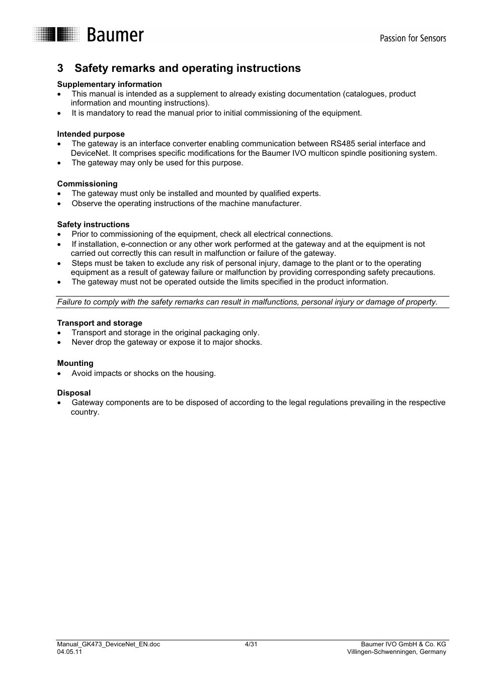 3 safety remarks and operating instructions | Baumer GK473 User Manual | Page 4 / 31