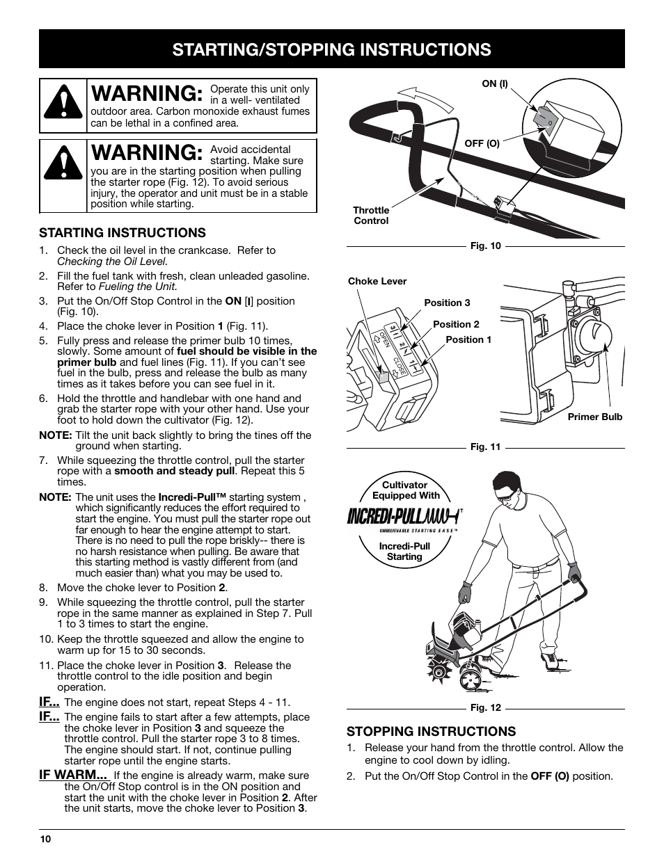 Warning, Starting/stopping instructions | Craftsman 316.292711 User Manual | Page 10 / 48