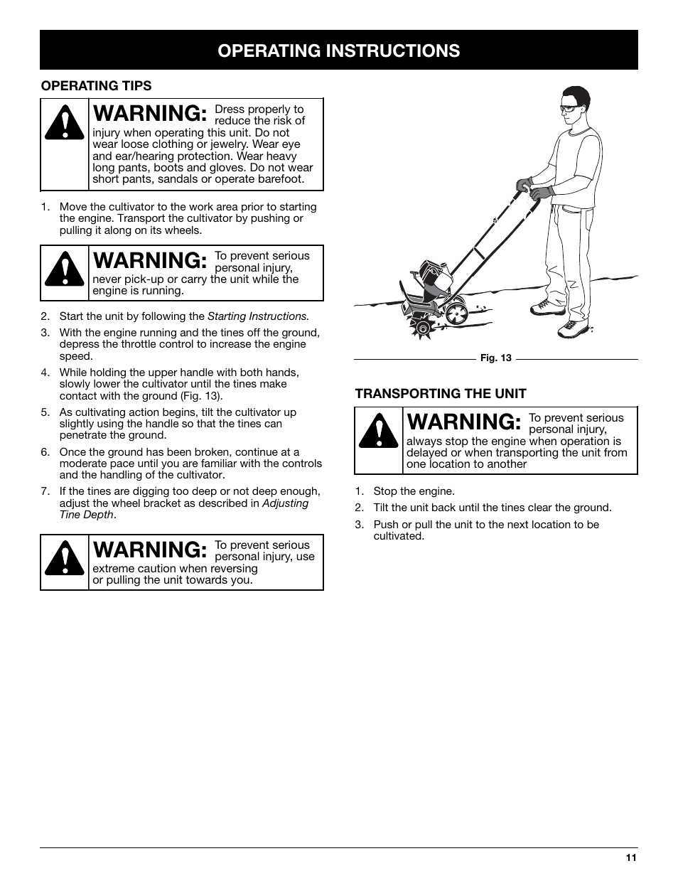 Warning, Operating instructions | Craftsman 316.292711 User Manual | Page 11 / 48